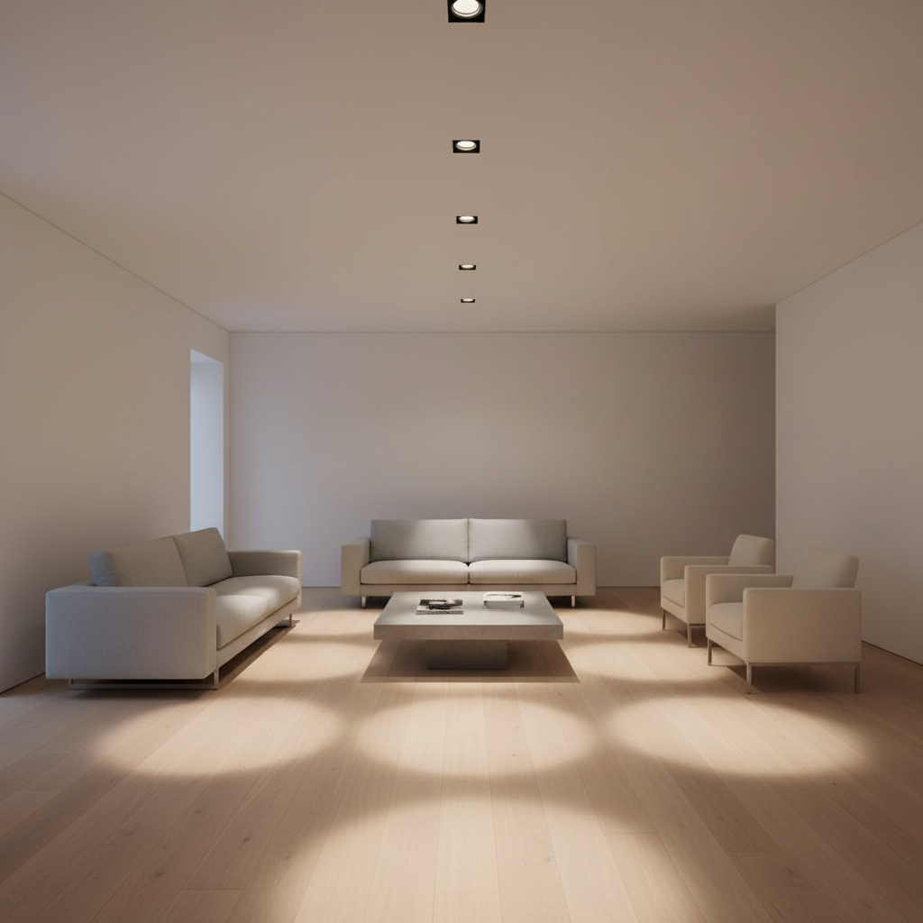A row of custom-installed, recessed LED lights with frosted glass diffusers embedded within a pristine white ceiling. The lights cast subtle, even pools of illumination across a spacious, minimally decorated living room featuring pale hardwood floors and neatly structured furnishings free of clutter. Gentle, ambient lighting creates a sense of warmth and sophistication, while crisp shadow lines give dimension to the room. The camera angle is slightly elevated, showing the ceiling detail and layout clarity, conveying a calm, inviting atmosphere that reflects expert lighting design. The image is photographic, with clean lines and a structured, modern aesthetic.